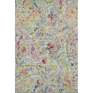 Photo of Gray Blue And Pink Paisley Washable Area Rug With UV Protection