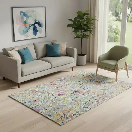 Gray Blue And Pink Paisley Washable Area Rug With UV Protection Photo 1