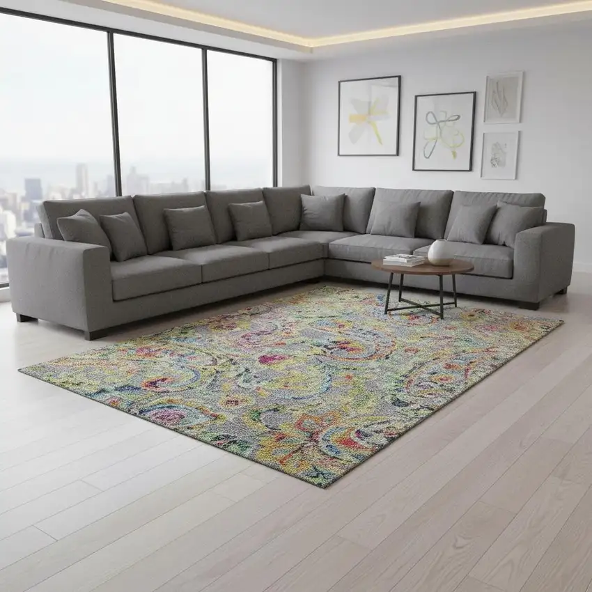 Gray Blue And Pink Paisley Washable Area Rug With UV Protection Photo 2