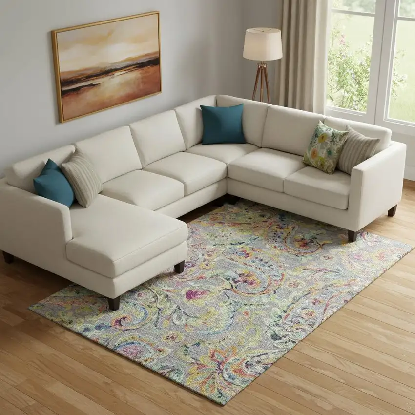 Gray Blue And Pink Paisley Washable Area Rug With UV Protection Photo 1