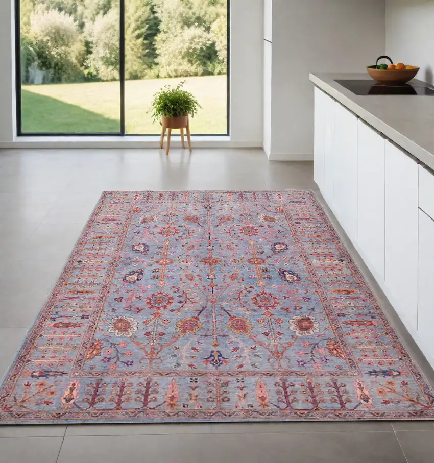 Gray Blue And Red Floral Power Loom Area Rug Photo 1