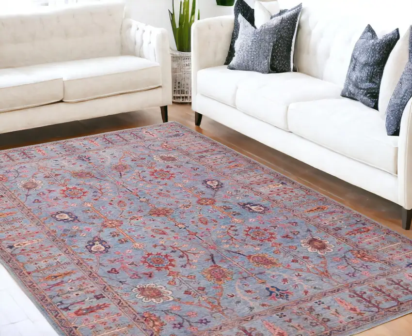 Gray Blue And Red Floral Power Loom Area Rug Photo 1