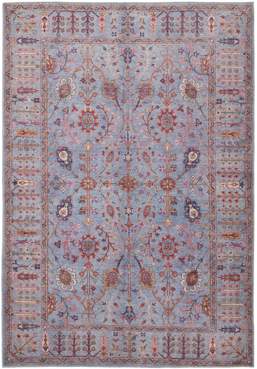 Gray Blue And Red Floral Power Loom Area Rug Photo 1