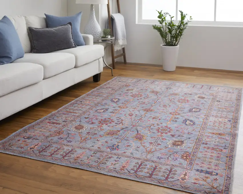 Gray Blue And Red Floral Power Loom Area Rug Photo 8