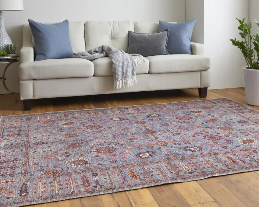 Gray Blue And Red Floral Power Loom Area Rug Photo 9