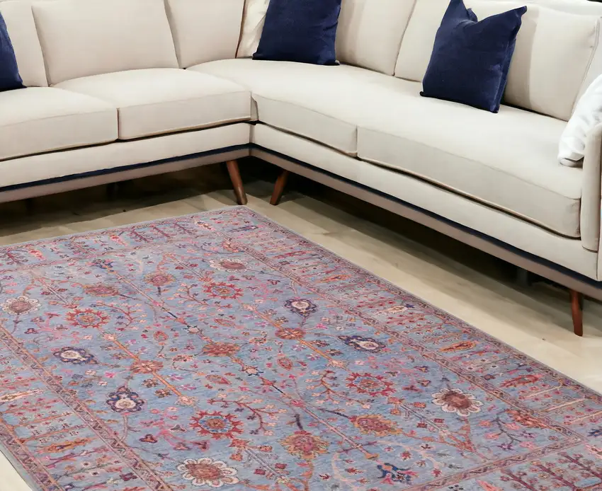 Gray Blue And Red Floral Power Loom Area Rug Photo 1
