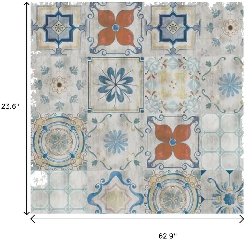 Gray Blue And Rust Mosaic Tile Printed Vinyl Area Rug With UV Protection Photo 7