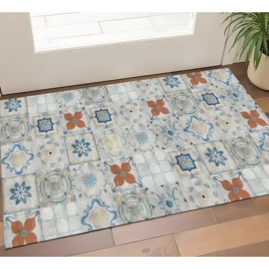 Gray Blue And Rust Mosaic Tile Printed Vinyl Area Rug With UV Protection Photo 1