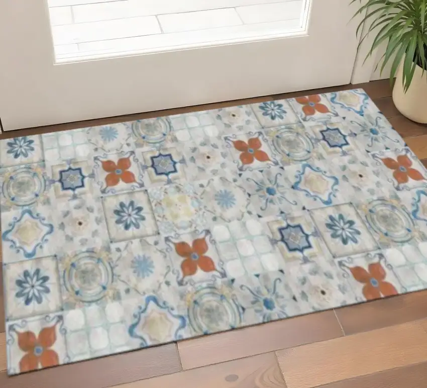 Gray Blue And Rust Mosaic Tile Printed Vinyl Area Rug With UV Protection Photo 1