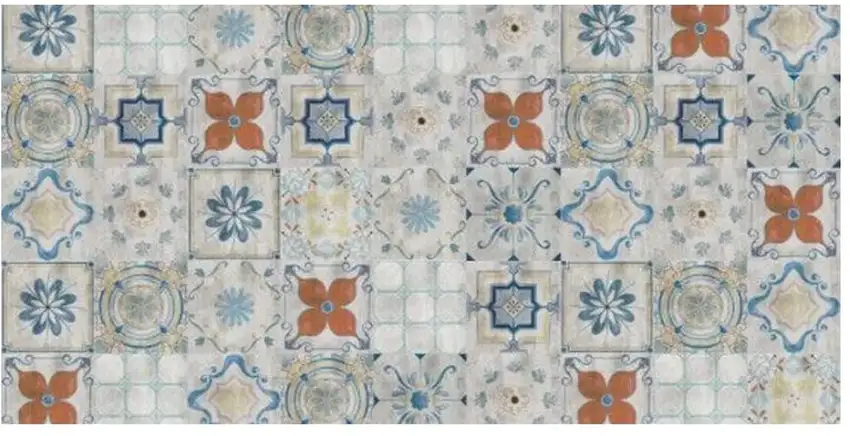 Gray Blue And Rust Mosaic Tile Printed Vinyl Area Rug With UV Protection Photo 2