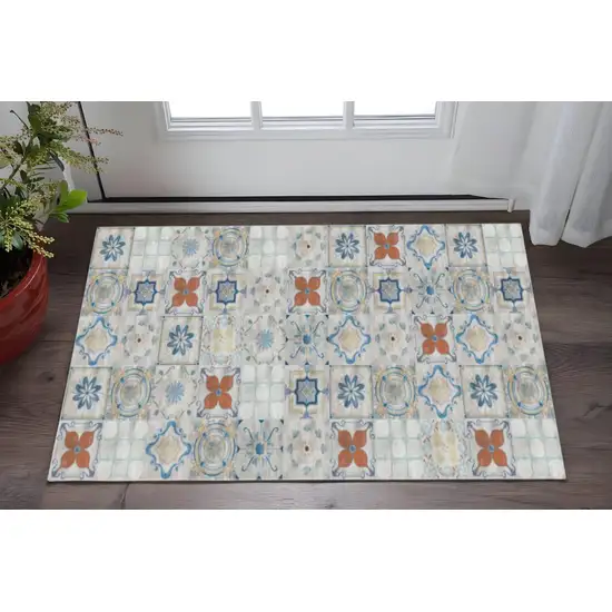 Gray Blue And Rust Mosaic Tile Printed Vinyl Area Rug With UV Protection Photo 1
