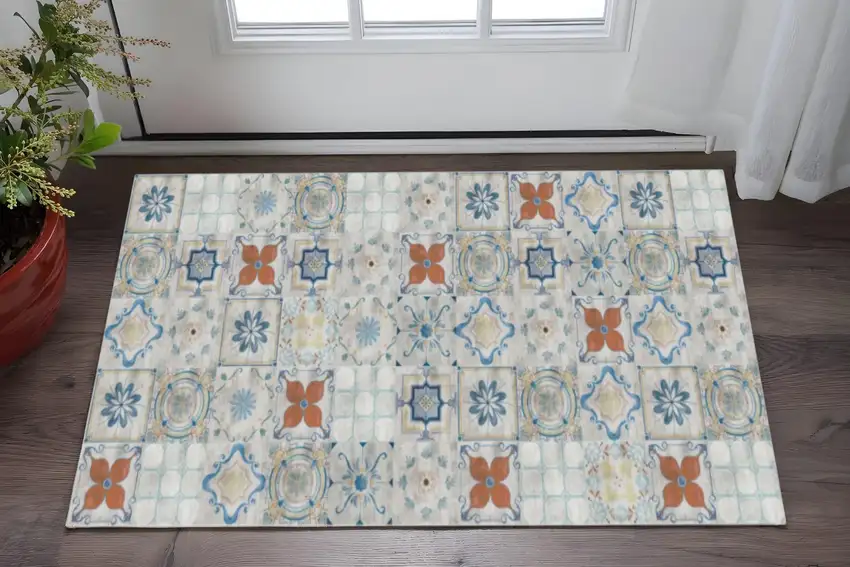 Gray Blue And Rust Mosaic Tile Printed Vinyl Area Rug With UV Protection Photo 1