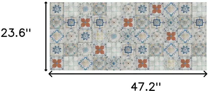 Gray Blue And Rust Mosaic Tile Printed Vinyl Area Rug With UV Protection Photo 8