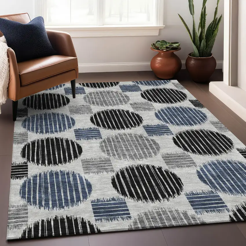 Gray Blue And Silver Geometric Washable Area Rug With UV Protection Photo 5