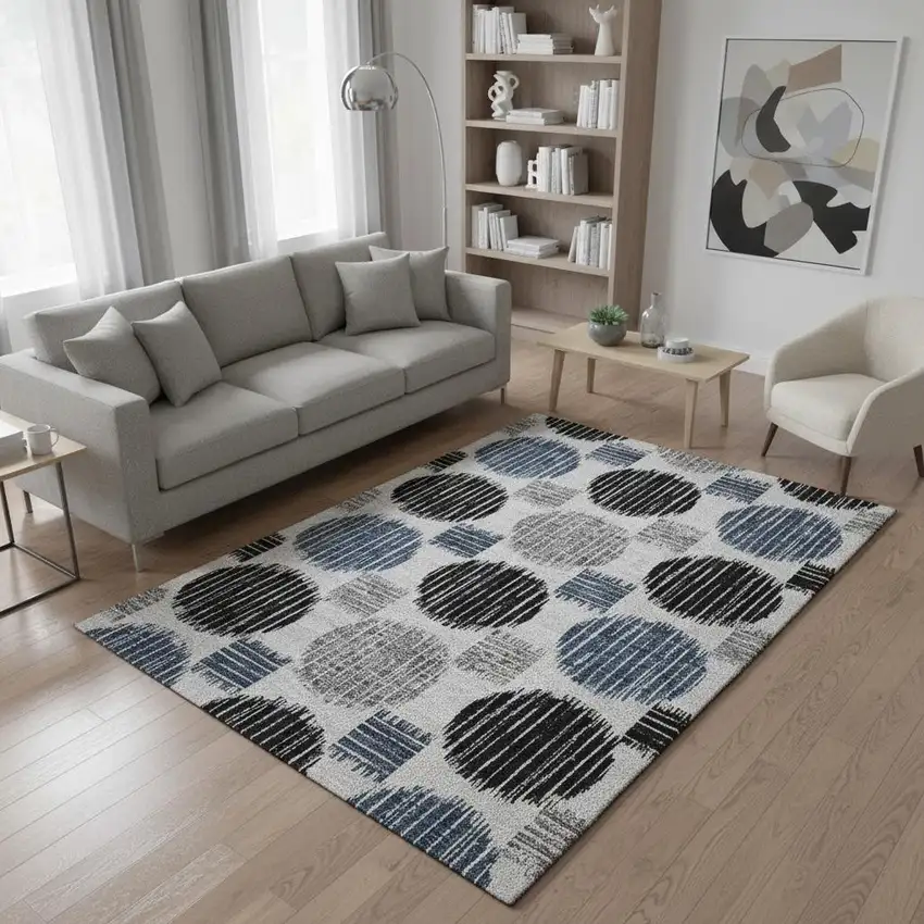 Gray Blue And Silver Geometric Washable Area Rug With UV Protection Photo 2
