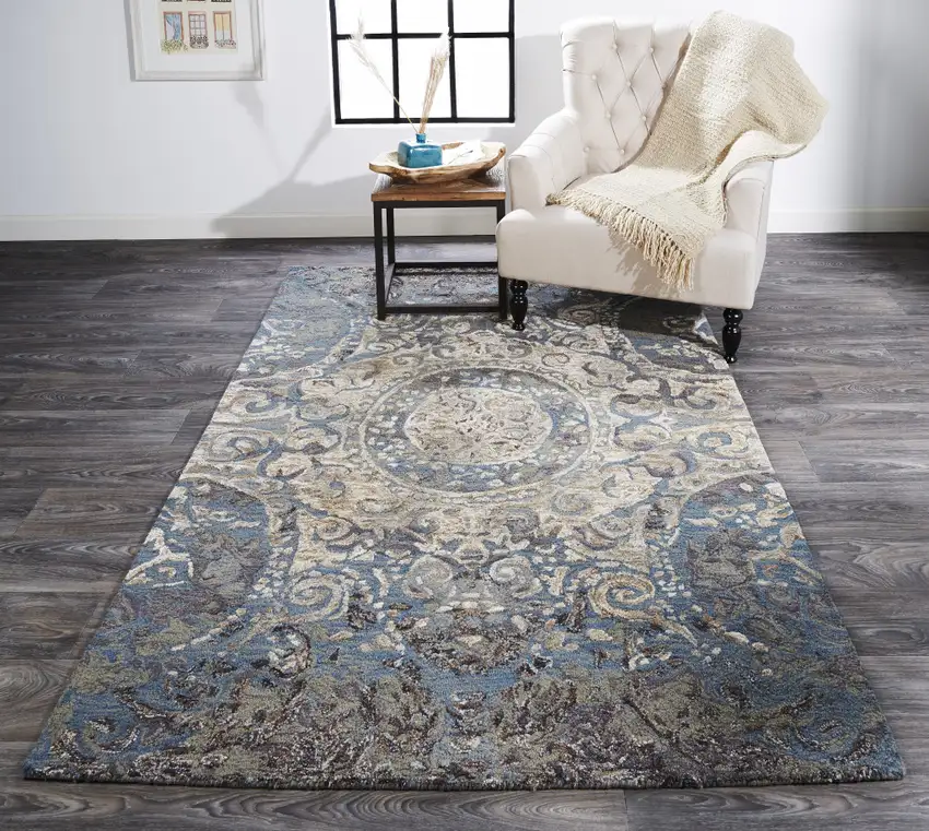 Gray Blue And Taupe Wool Abstract Tufted Handmade Stain Resistant Area Rug Photo 4