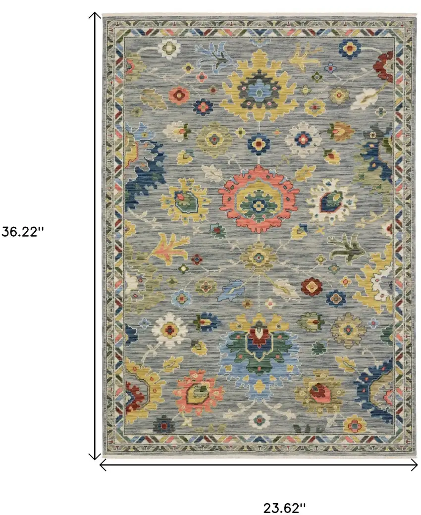 Gray Blue And Yellow Oriental Area Rug With Fringe Photo 3