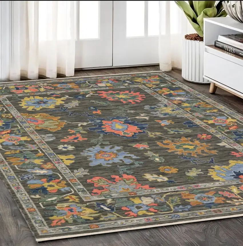 Gray Blue And Yellow Oriental Area Rug With Fringe Photo 1