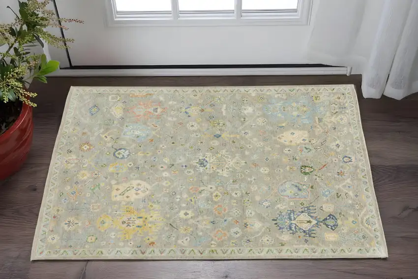 Gray Blue And Yellow Wool Oriental Hand Knotted Area Rug With Fringe Photo 1