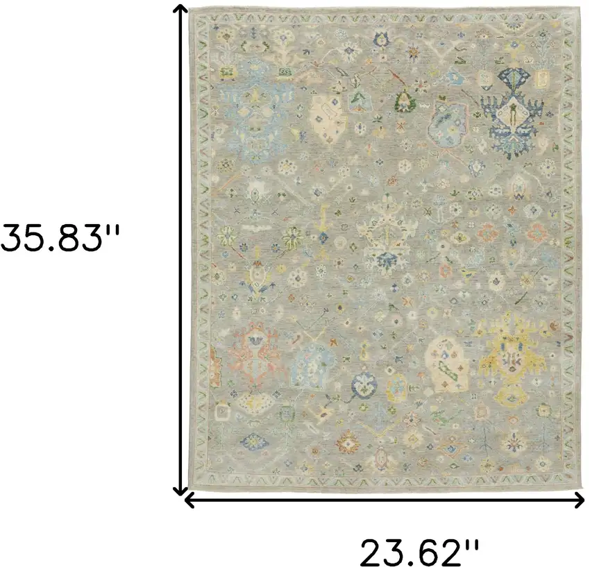 Gray Blue And Yellow Wool Oriental Hand Knotted Area Rug With Fringe Photo 3