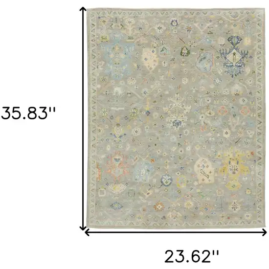 Gray Blue And Yellow Wool Oriental Hand Knotted Area Rug With Fringe Photo 3