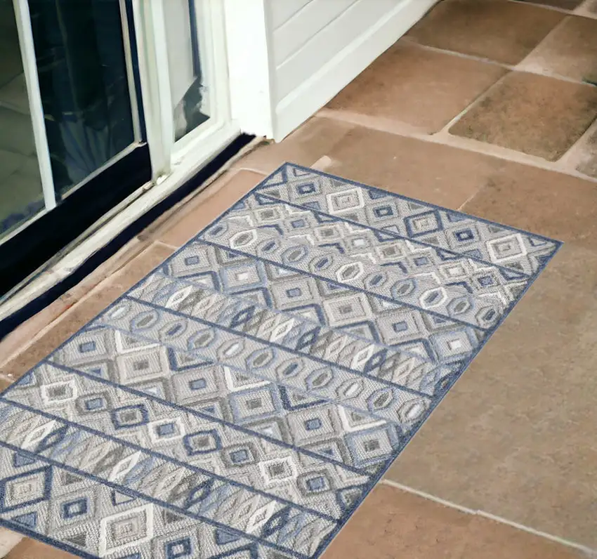 Blue And Gray Abstract Stain Resistant Indoor Outdoor Area Rug Photo 1