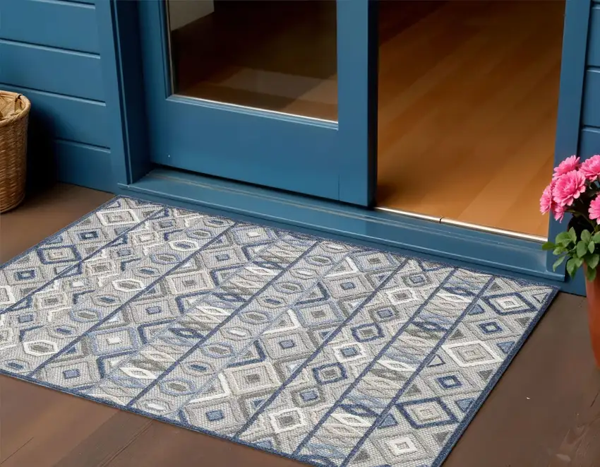 Blue And Gray Abstract Stain Resistant Indoor Outdoor Area Rug Photo 1