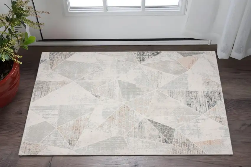 Gray Blue Taupe And Cream Geometric Distressed Stain Resistant Area Rug Photo 1