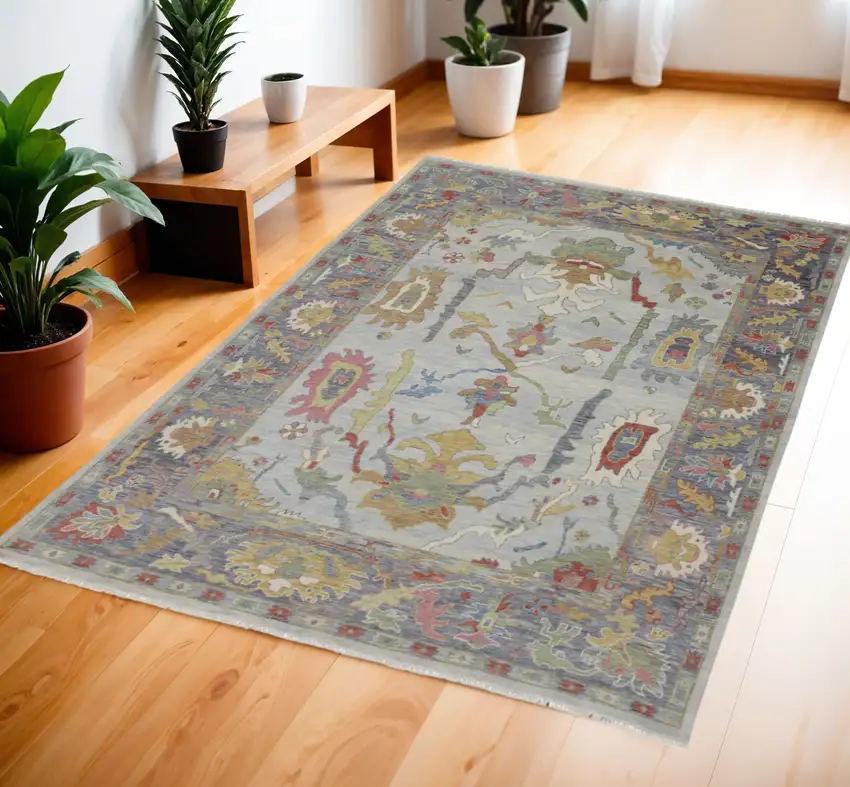 Gray Blue and Gold Wool Oriental Hand Knotted Area Rug With Fringe Photo 1