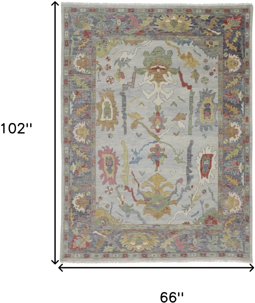Gray Blue and Gold Wool Oriental Hand Knotted Area Rug With Fringe Photo 3