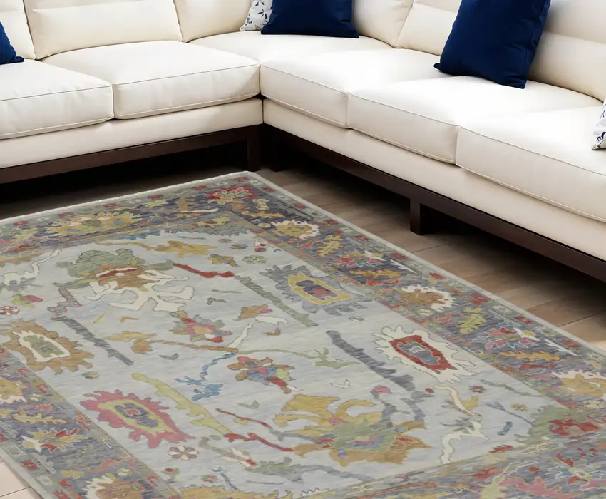 Gray Blue and Gold Wool Oriental Hand Knotted Area Rug With Fringe Photo 1