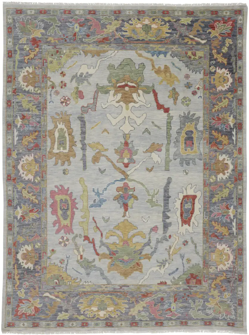 Gray Blue and Gold Wool Oriental Hand Knotted Area Rug With Fringe Photo 2