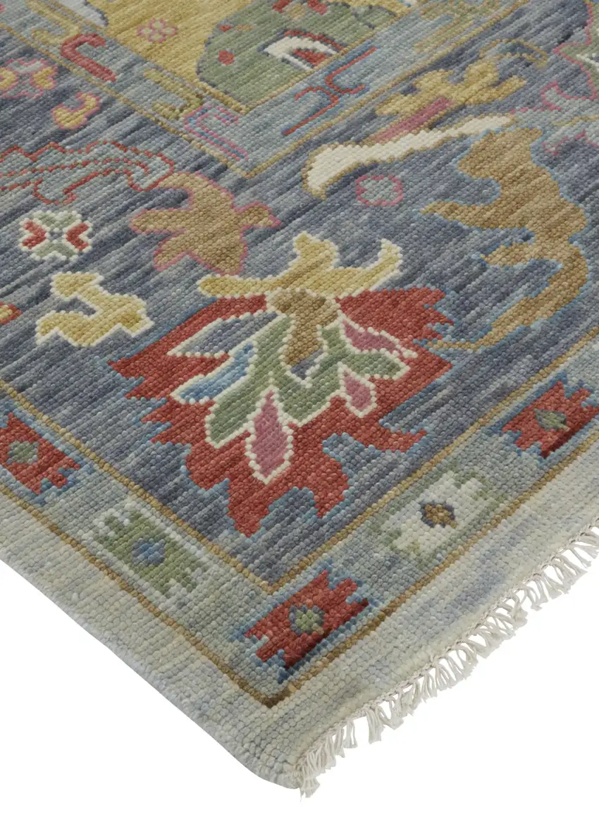 Gray Blue and Gold Wool Oriental Hand Knotted Area Rug With Fringe Photo 7
