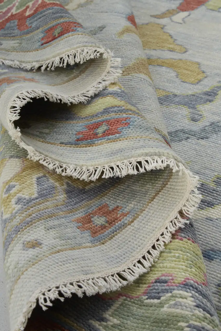 Gray Blue and Gold Wool Oriental Hand Knotted Area Rug With Fringe Photo 9