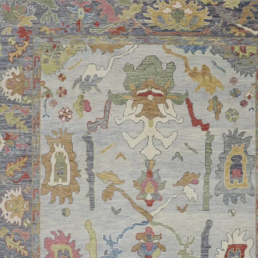 Gray Blue and Gold Wool Oriental Hand Knotted Area Rug With Fringe Photo 9