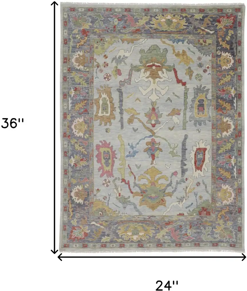 Gray Blue and Gold Wool Oriental Hand Knotted Area Rug With Fringe Photo 3