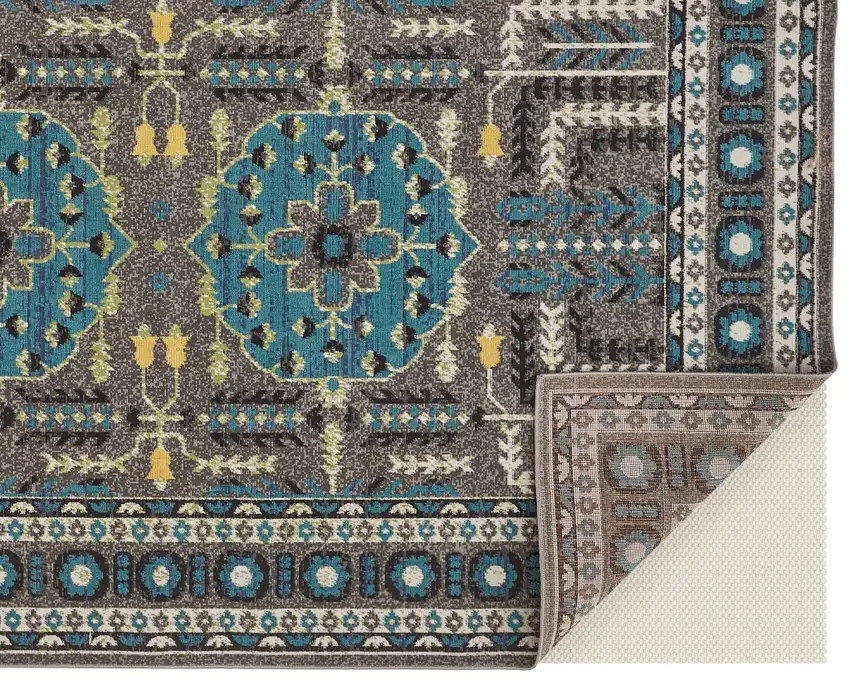 Gray Blue and Green Oriental Power Loom Area Rug Photo 5
