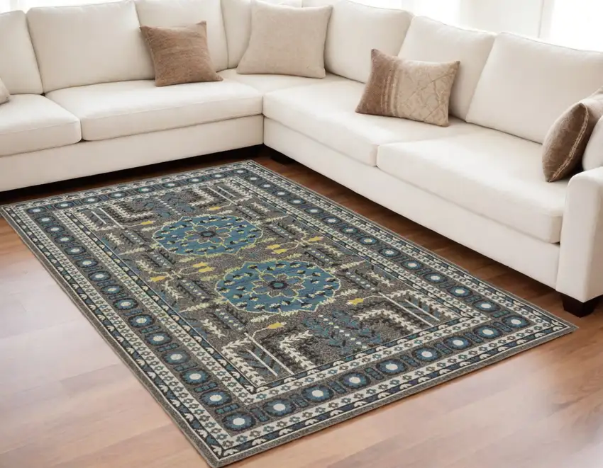 Gray Blue and Green Oriental Power Loom Area Rug Photo 1