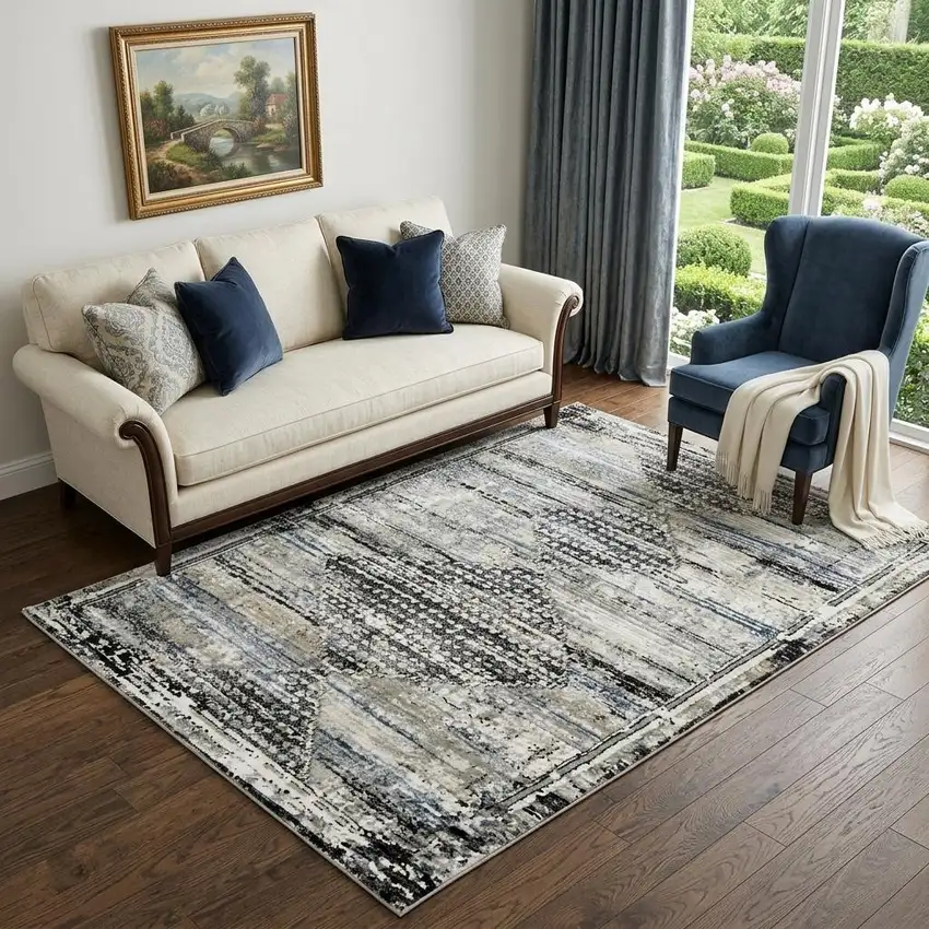 Gray Blue and Ivory Abstract Area Rug Photo 1