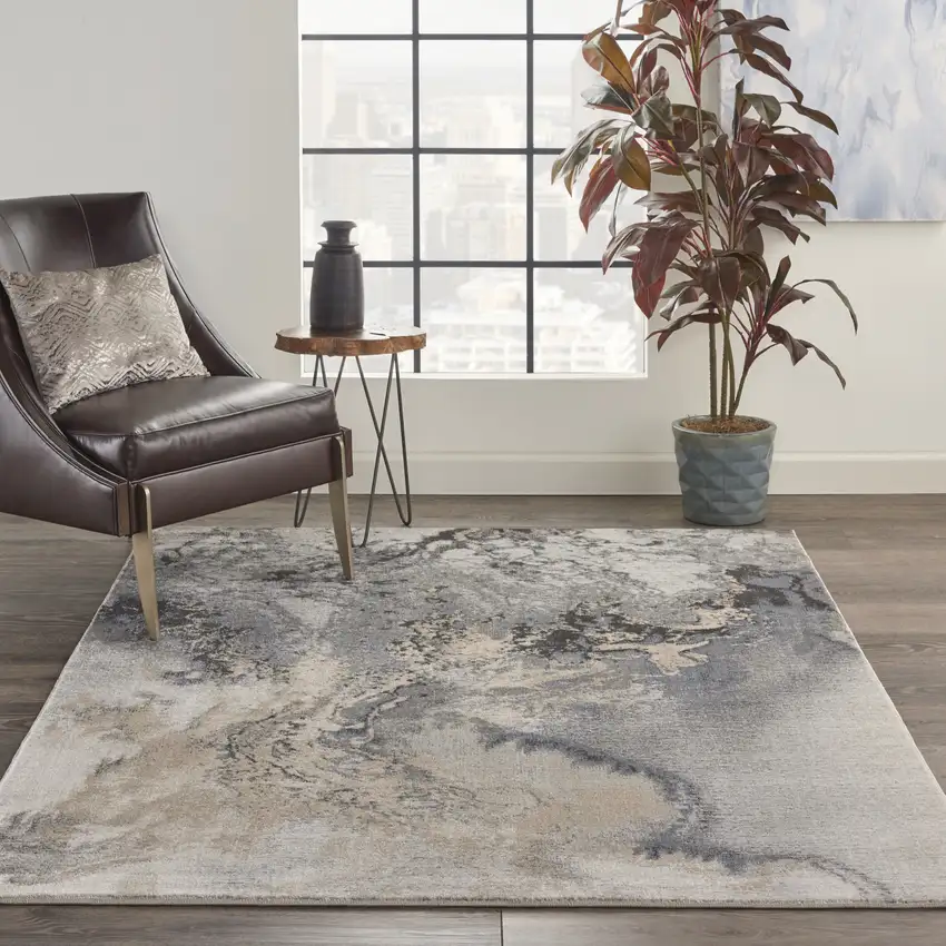 Gray Blue and Ivory Abstract Area Rug Photo 4