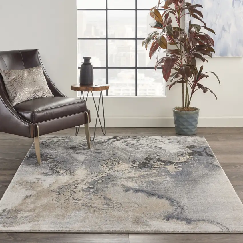 Gray Blue and Ivory Abstract Area Rug Photo 3
