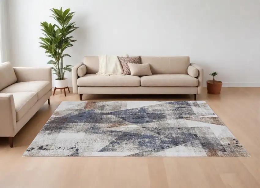 Gray Blue and Ivory Checkered Power Loom Area Rug Photo 1
