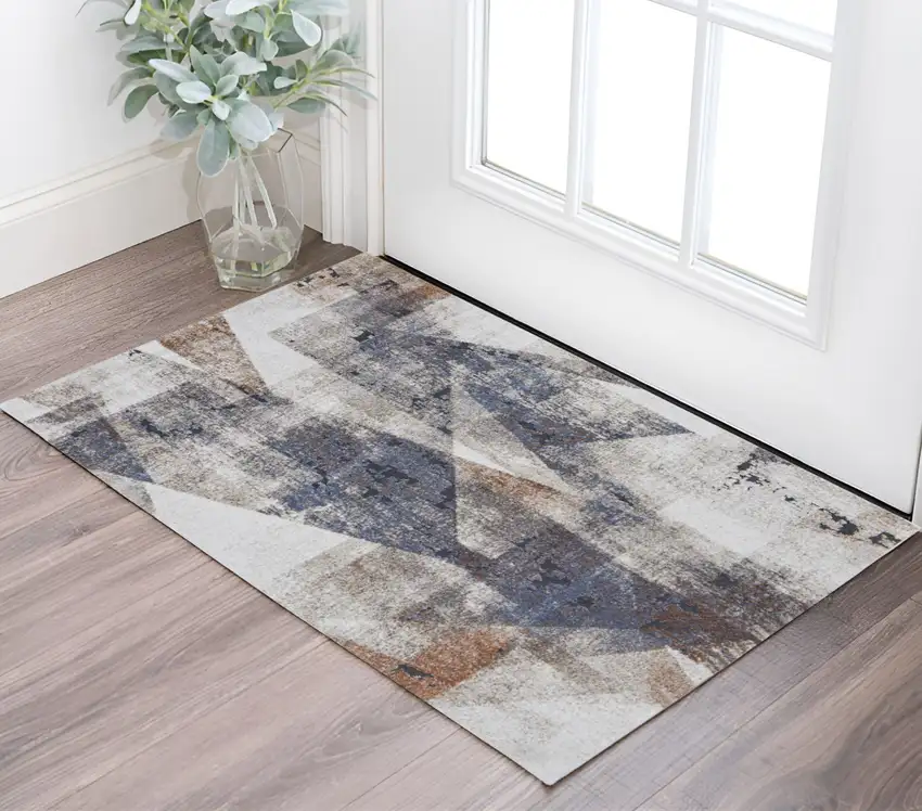 Gray Blue and Ivory Checkered Power Loom Area Rug Photo 1