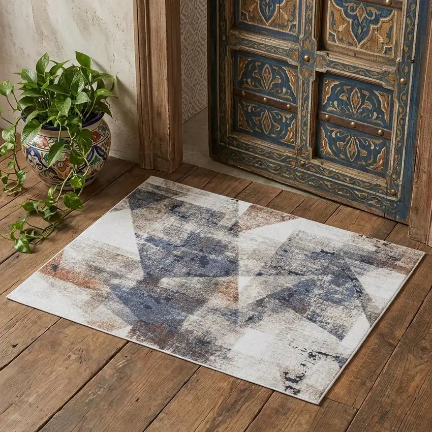 Gray Blue and Ivory Checkered Power Loom Area Rug Photo 1