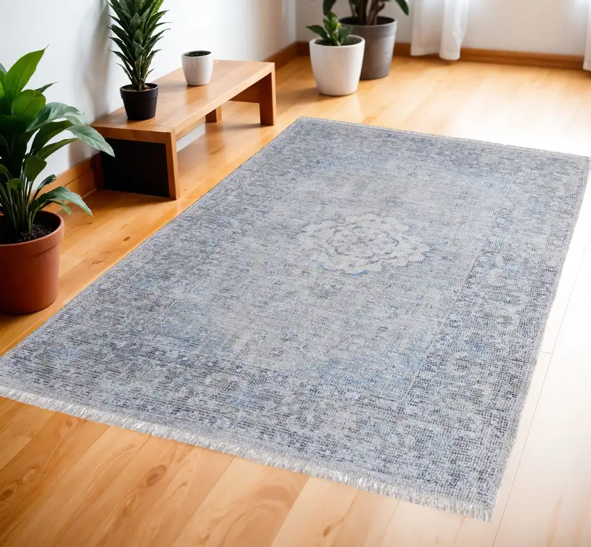 Gray Blue and Ivory Oriental Hand Woven Distressed Area Rug With Fringe Photo 1