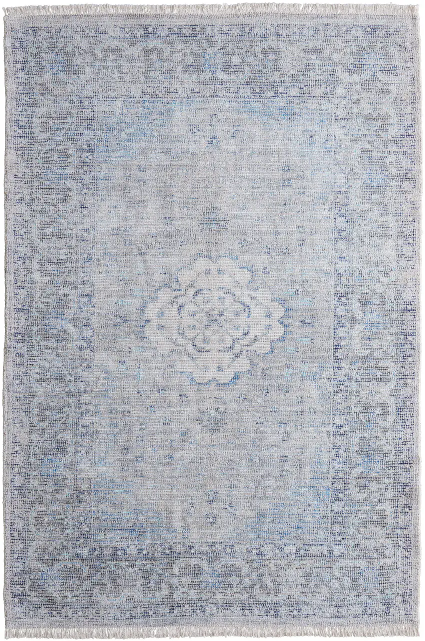Gray Blue and Ivory Oriental Hand Woven Distressed Area Rug With Fringe Photo 2