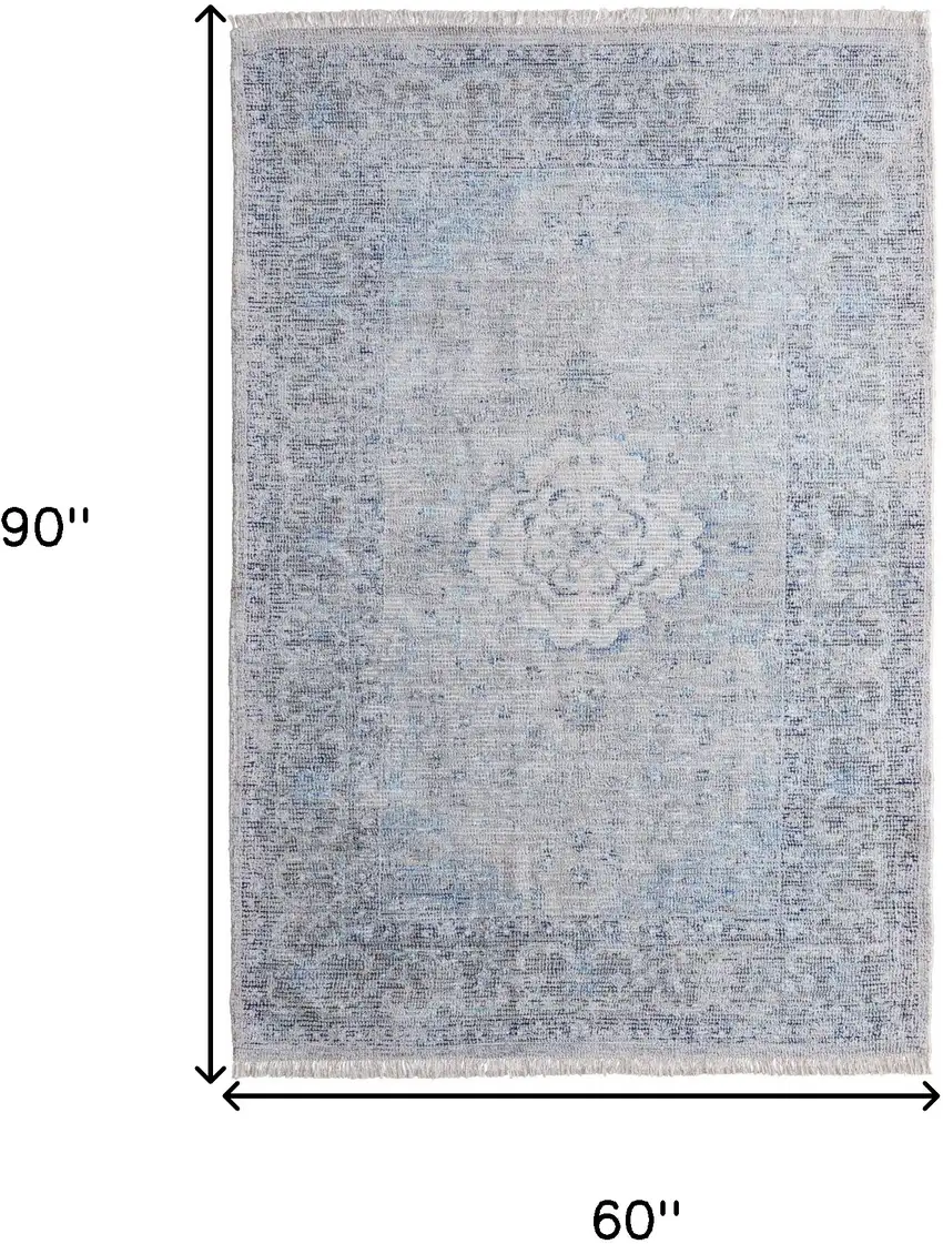 Gray Blue and Ivory Oriental Hand Woven Distressed Area Rug With Fringe Photo 3