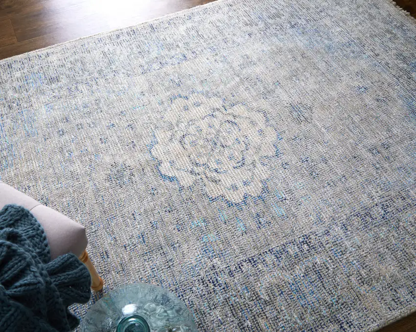 Gray Blue and Ivory Oriental Hand Woven Distressed Area Rug With Fringe Photo 7
