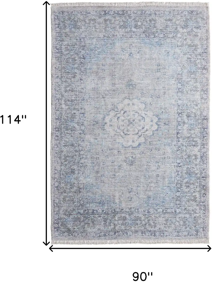 Gray Blue and Ivory Oriental Hand Woven Distressed Area Rug With Fringe Photo 3
