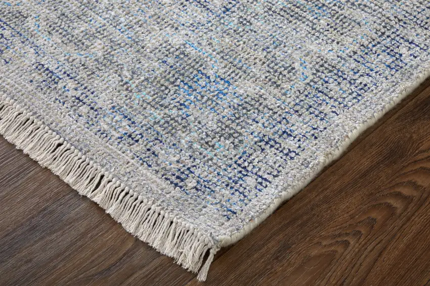 Gray Blue and Ivory Oriental Hand Woven Distressed Area Rug With Fringe Photo 8